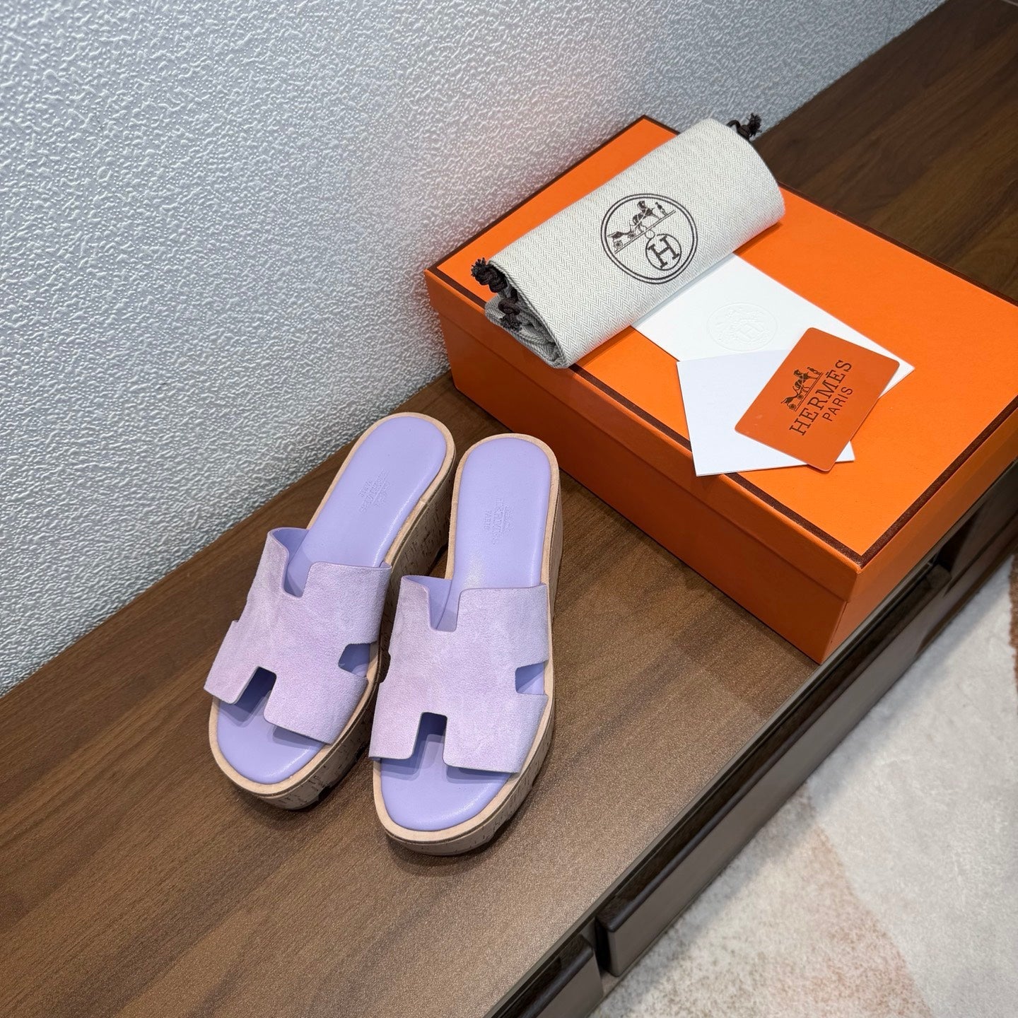 HM 26S H CUT PLATFORM SLIDES IN LAVENDER PURPLE SUEDE CORK SOLE