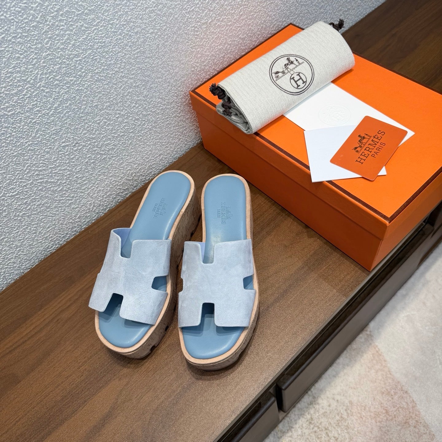 HM 26S H CUT PLATFORM SLIDES IN LIGHT BLUE SUEDE CORK SOLE