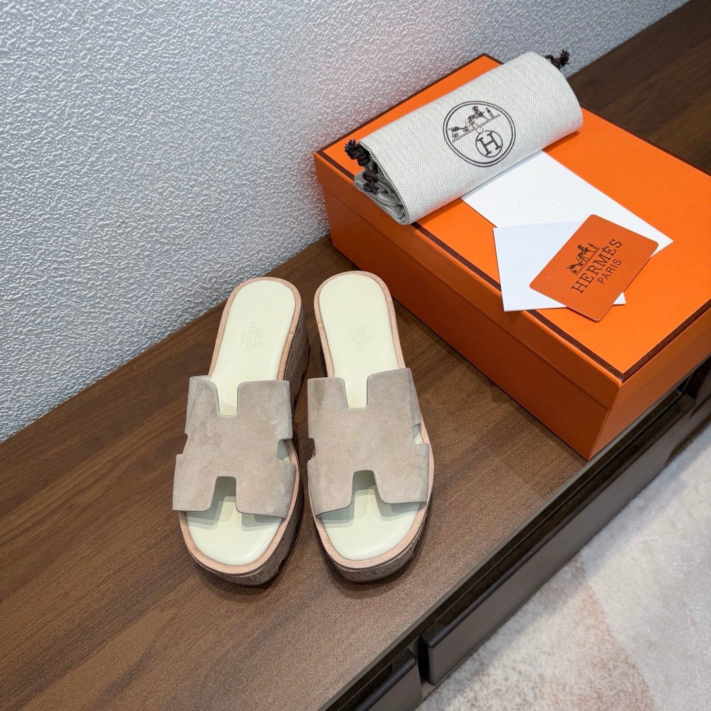 HM 26S H CUT PLATFORM SLIDES IN LIGHT BROWN SUEDE CORK SOLE