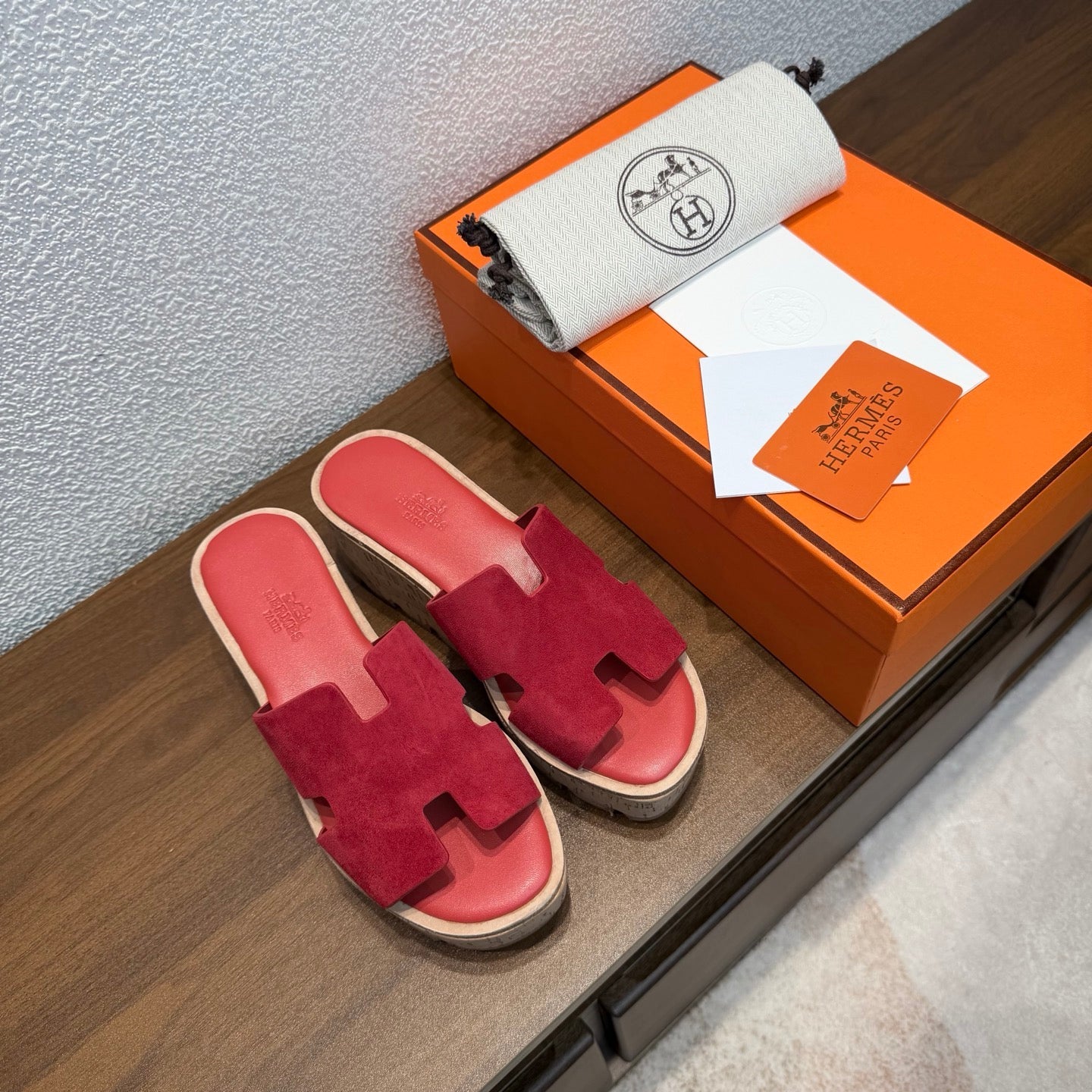 HM 26S H CUT PLATFORM SLIDES IN RED SUEDE CORK SOLE