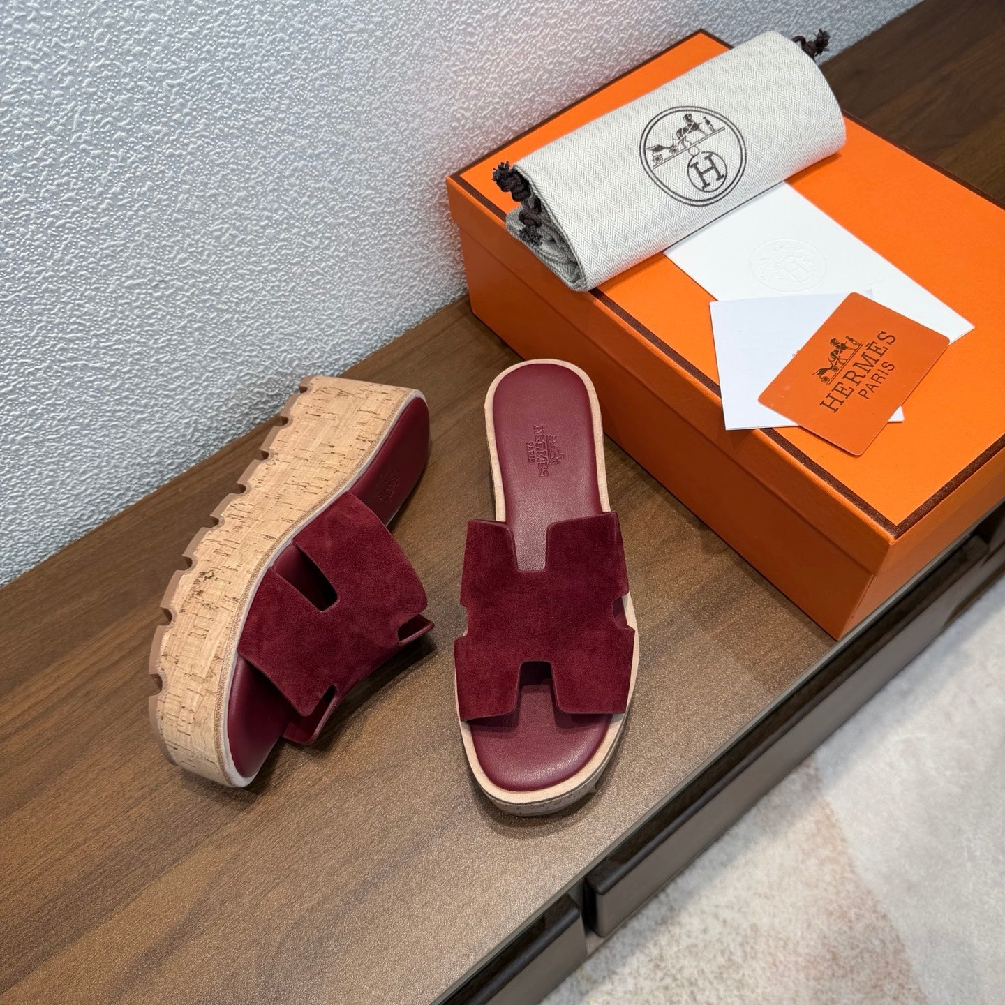 HM 26S H CUT PLATFORM SLIDES IN BURGUNDY RED SUEDE CORK SOLE