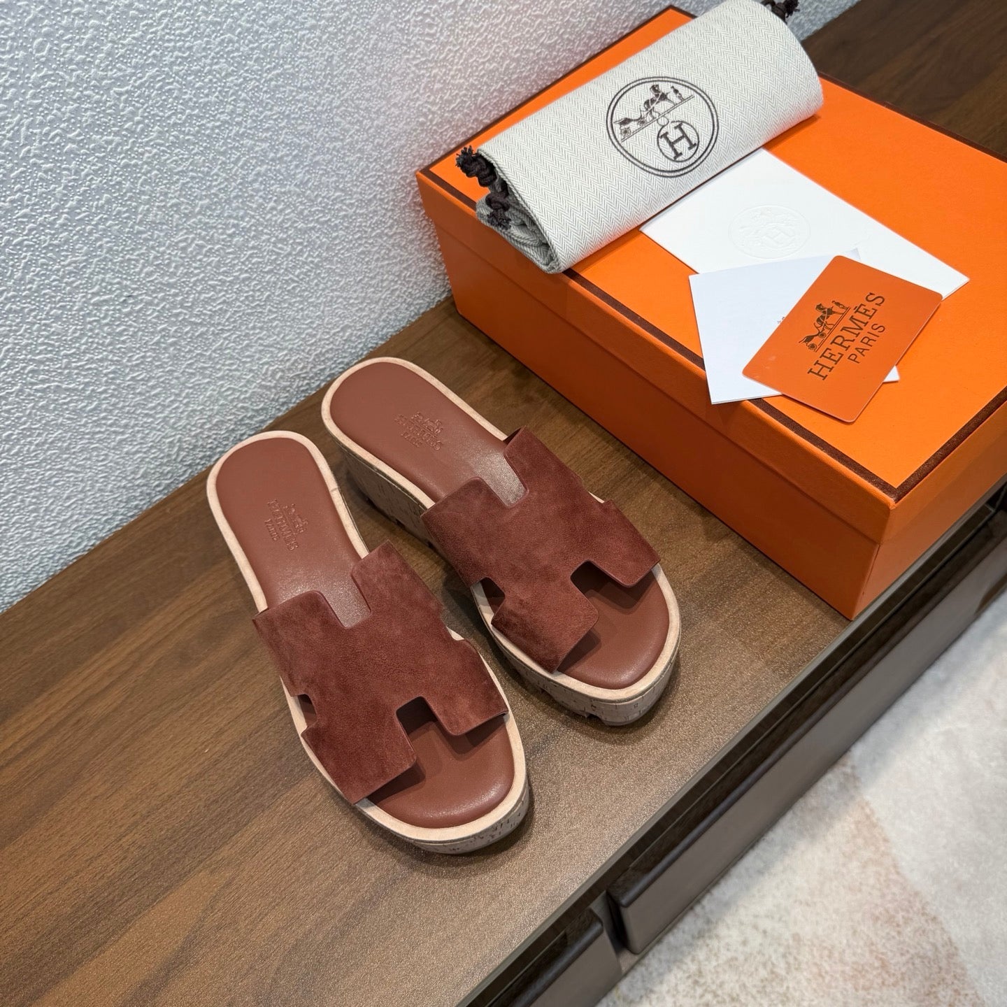 HM 26S H CUT PLATFORM SLIDES IN DARK BROWN SUEDE CORK SOLE