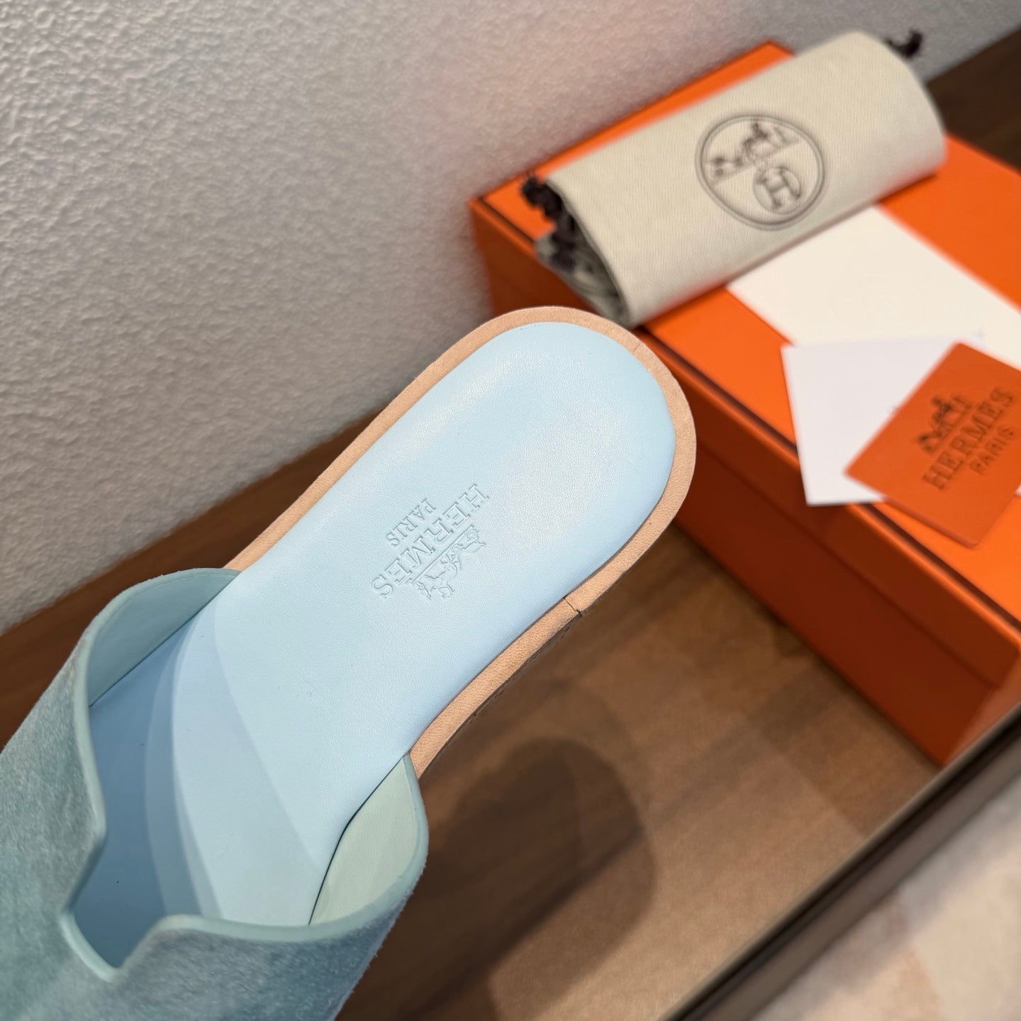 HM 26S H CUT PLATFORM SLIDES IN DUSTY BLUE SUEDE CORK SOLE