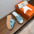 HM 26S H CUT PLATFORM SLIDES IN DUSTY BLUE SUEDE CORK SOLE