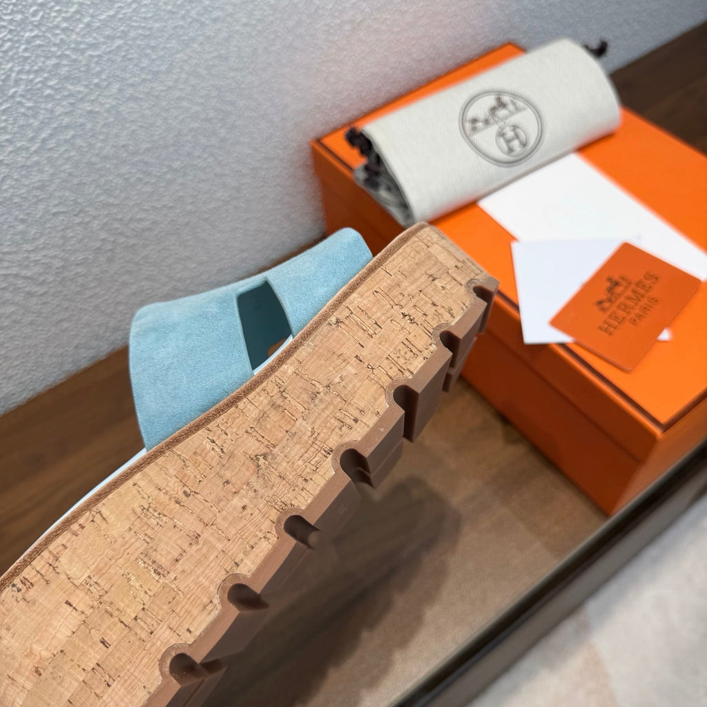 HM 26S H CUT PLATFORM SLIDES IN DUSTY BLUE SUEDE CORK SOLE