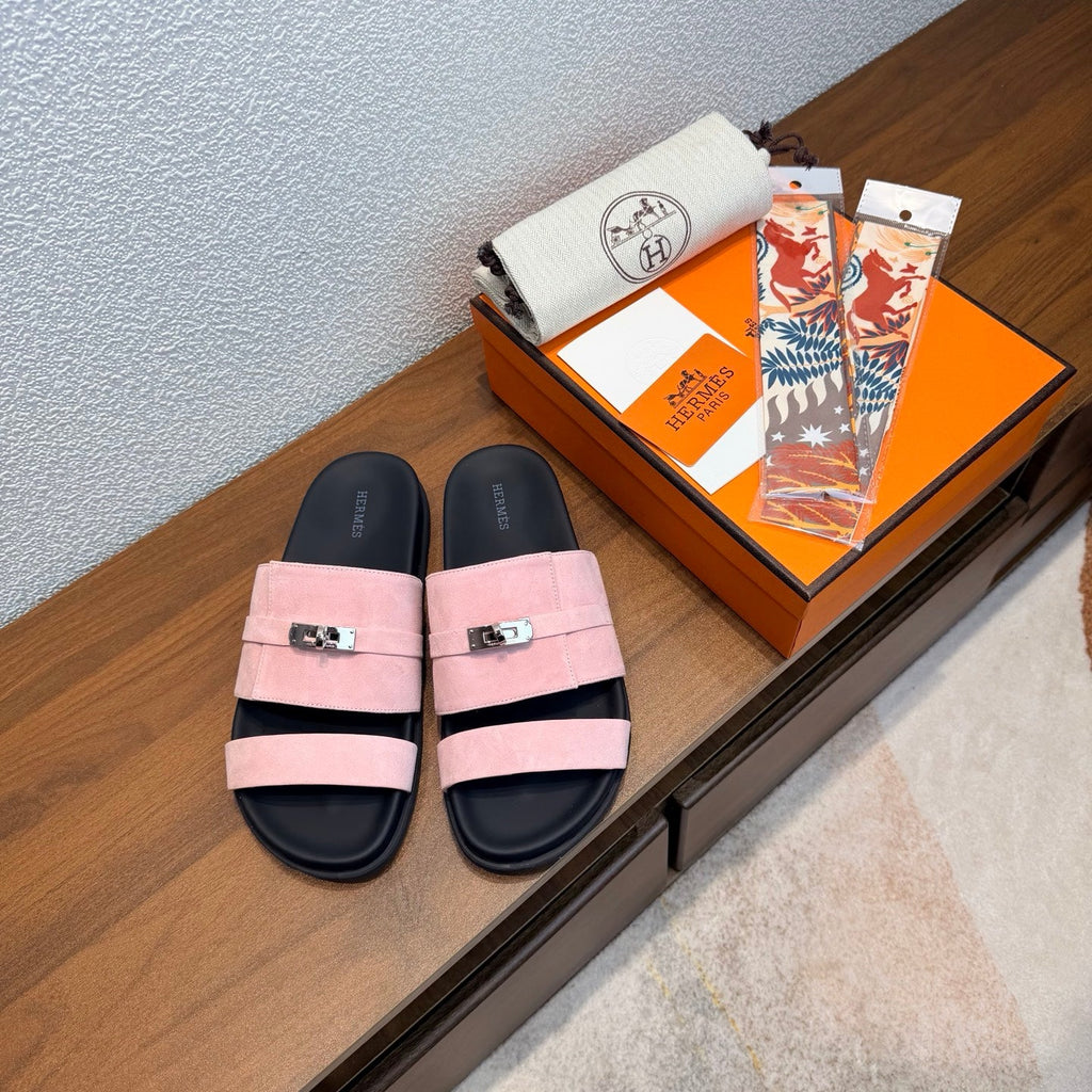 HM 26S KELLY BUCKLE DOUBLE STRAP SANDALS IN PINK SUEDE SILVER HARDWARE