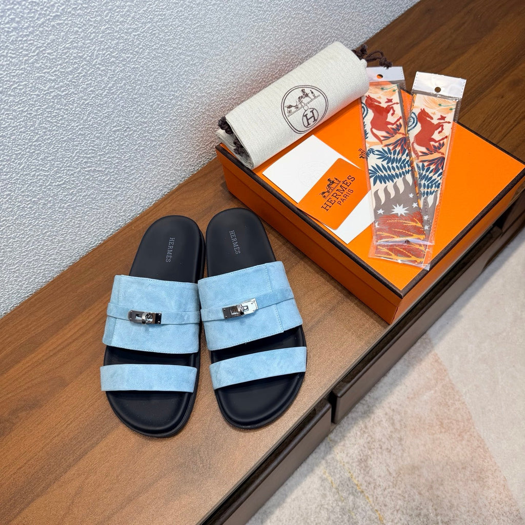 HM 26S KELLY BUCKLE DOUBLE STRAP SANDALS IN LIGHT BLUE SUEDE SILVER HARDWARE