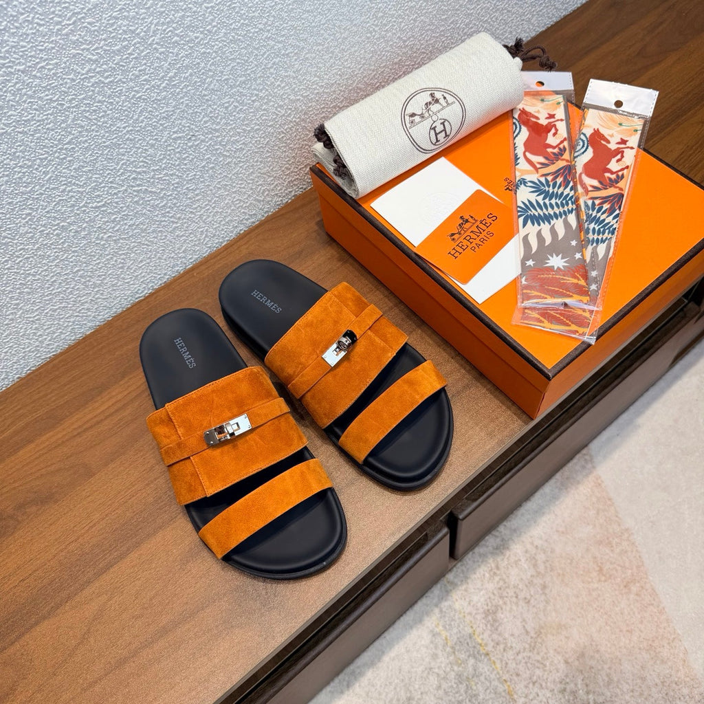 HM 26S KELLY BUCKLE DOUBLE STRAP SANDALS IN BURNT ORANGE SUEDE SILVER HARDWARE