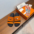 HM 26S KELLY BUCKLE DOUBLE STRAP SANDALS IN BURNT ORANGE SUEDE SILVER HARDWARE