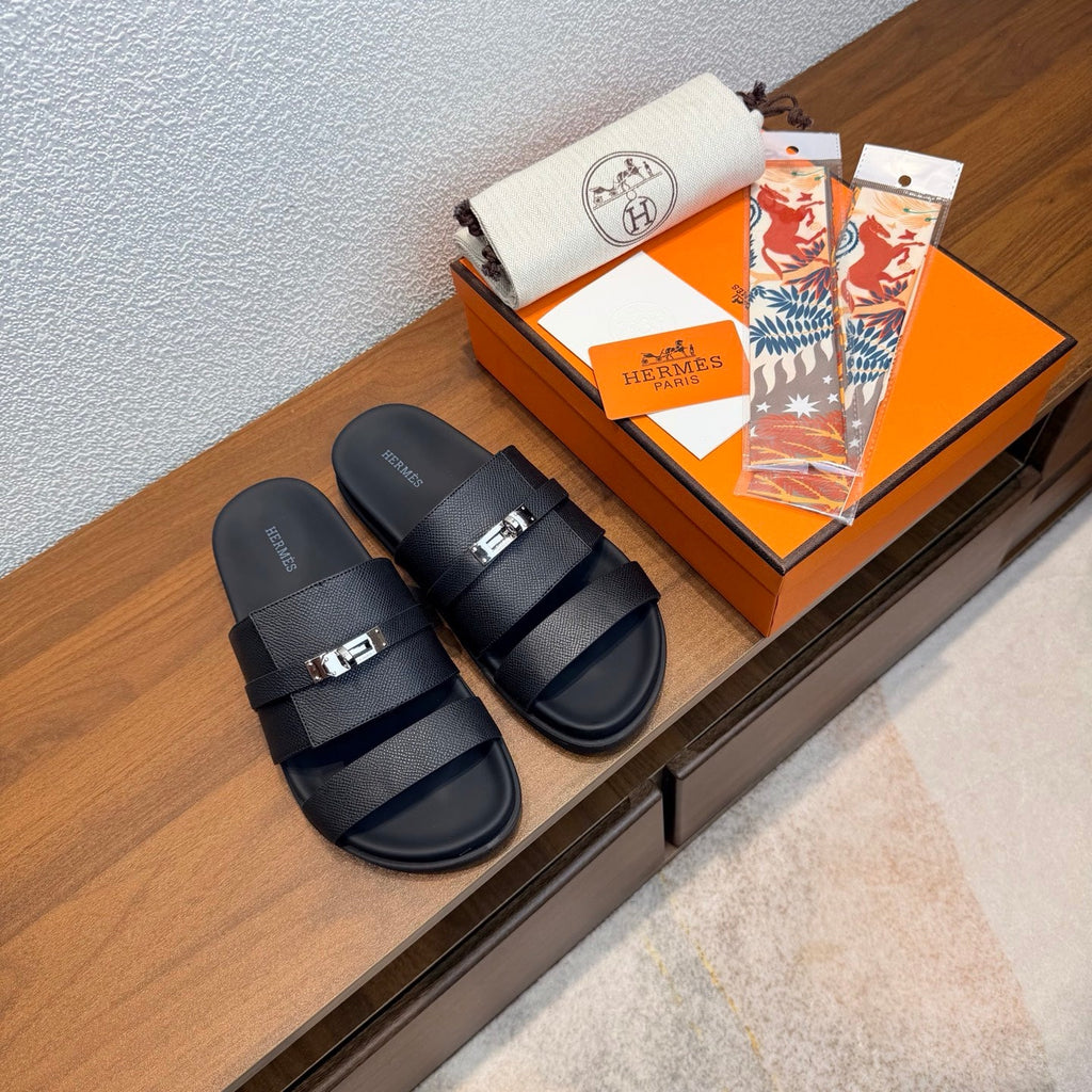 HM 26S KELLY BUCKLE DOUBLE STRAP SANDALS IN BLACK CALFSKIN SILVER HARDWARE