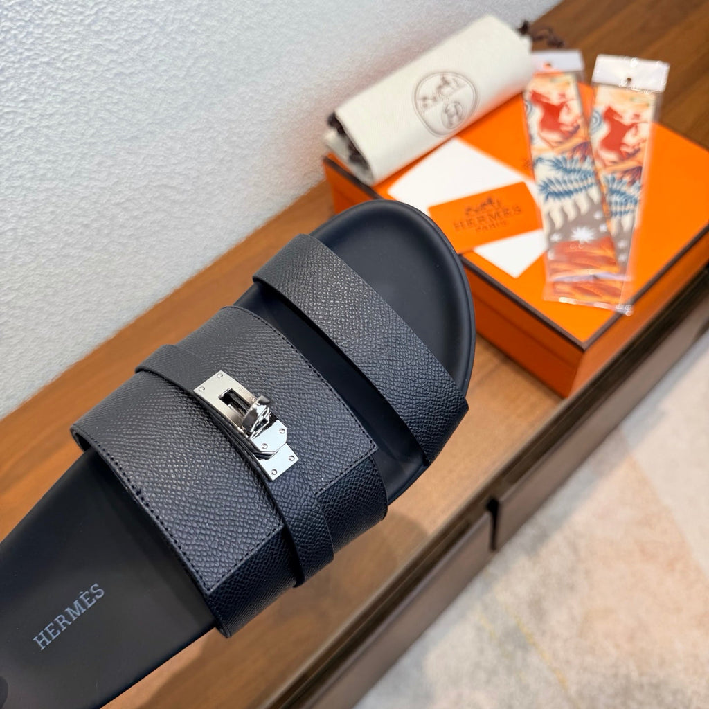 HM 26S KELLY BUCKLE DOUBLE STRAP SANDALS IN BLACK CALFSKIN SILVER HARDWARE