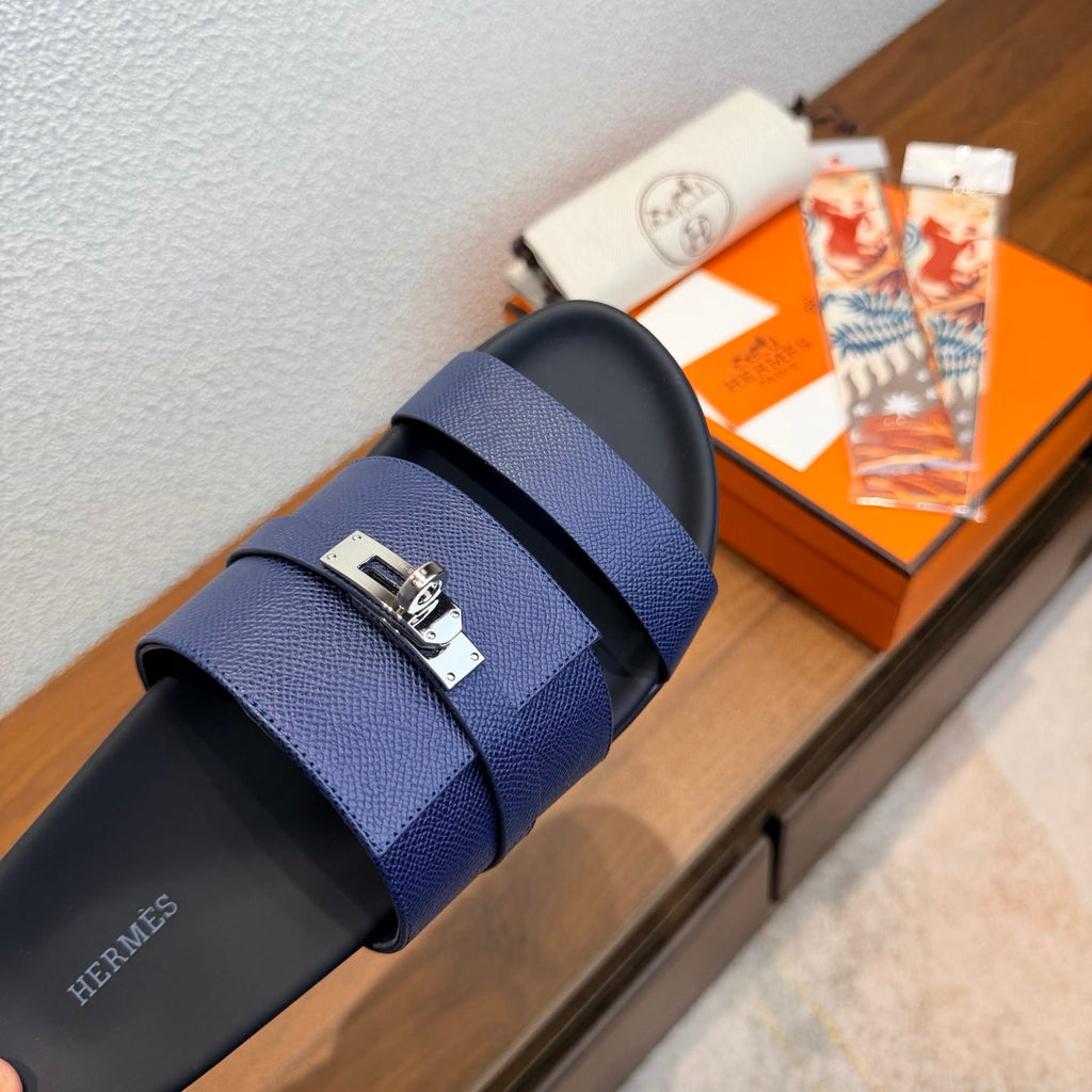 HM 26S KELLY BUCKLE DOUBLE STRAP SANDALS IN DARK BLUE CALFSKIN