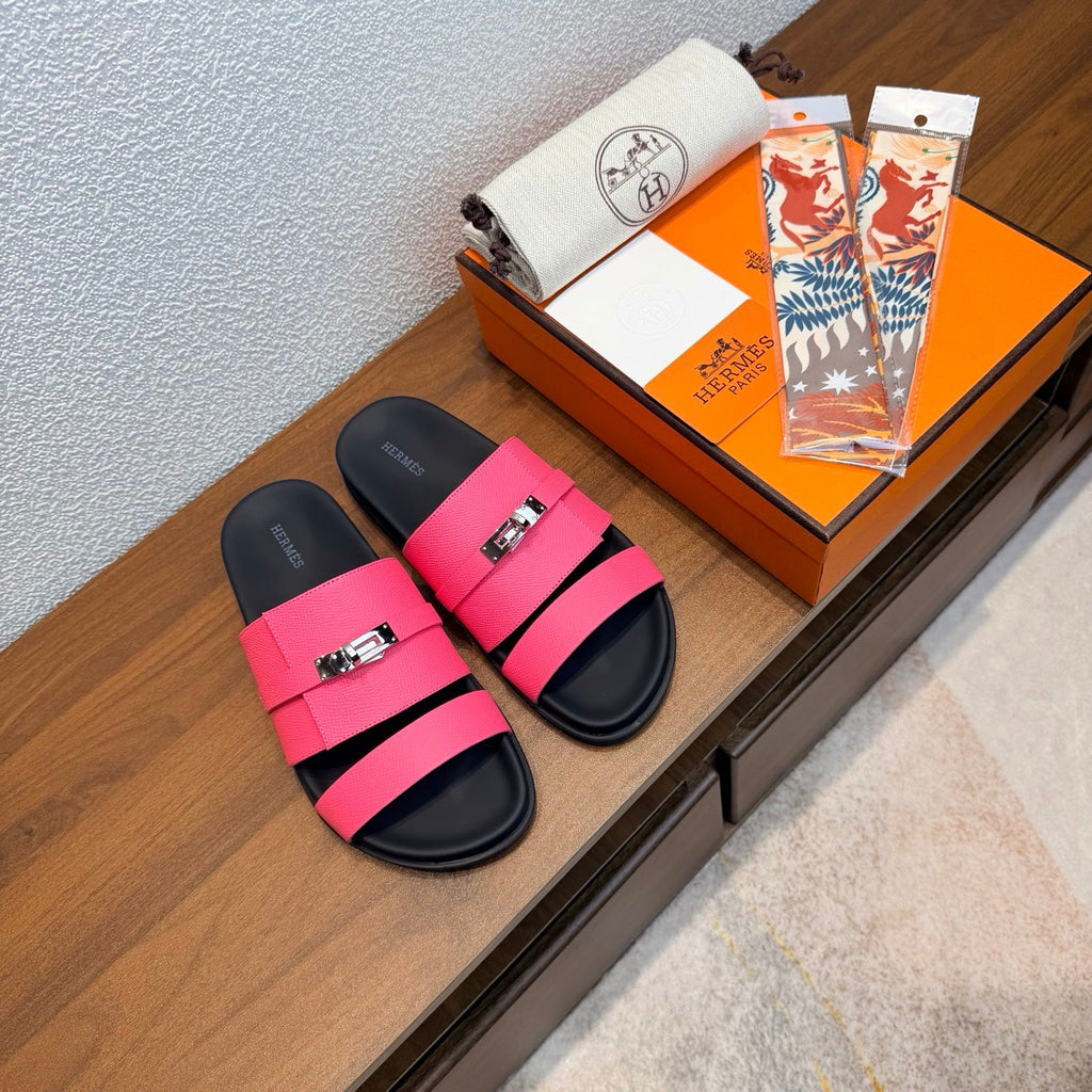 HM 26S KELLY BUCKLE DOUBLE STRAP SANDALS IN DARK PINK CALFSKIN