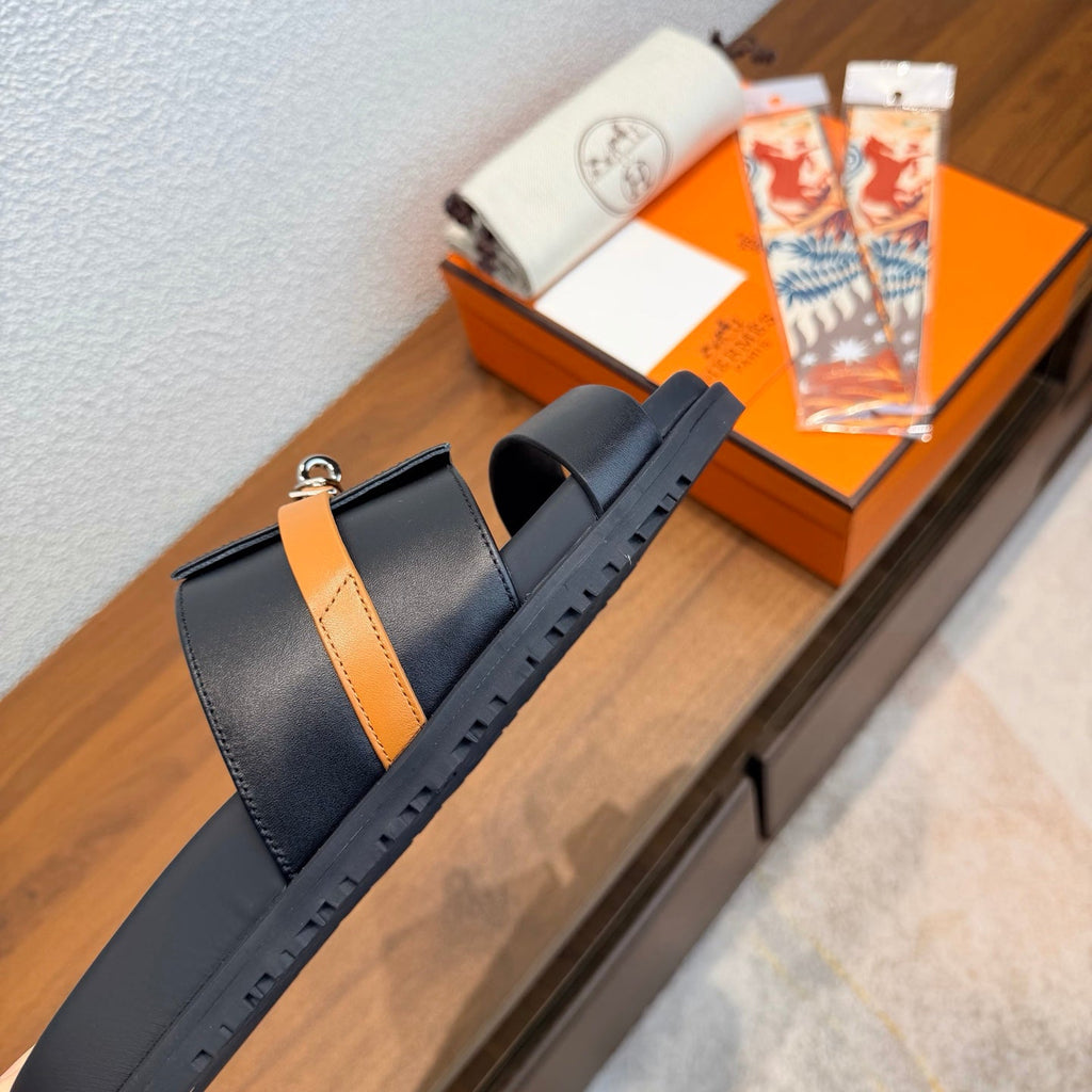 HM 26S KELLY BUCKLE DOUBLE STRAP SANDALS IN BLACK AND ORANGE CALFSKIN
