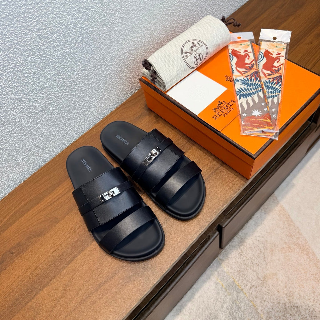 HM 26S KELLY BUCKLE DOUBLE STRAP SANDALS IN BLACK CALFSKIN