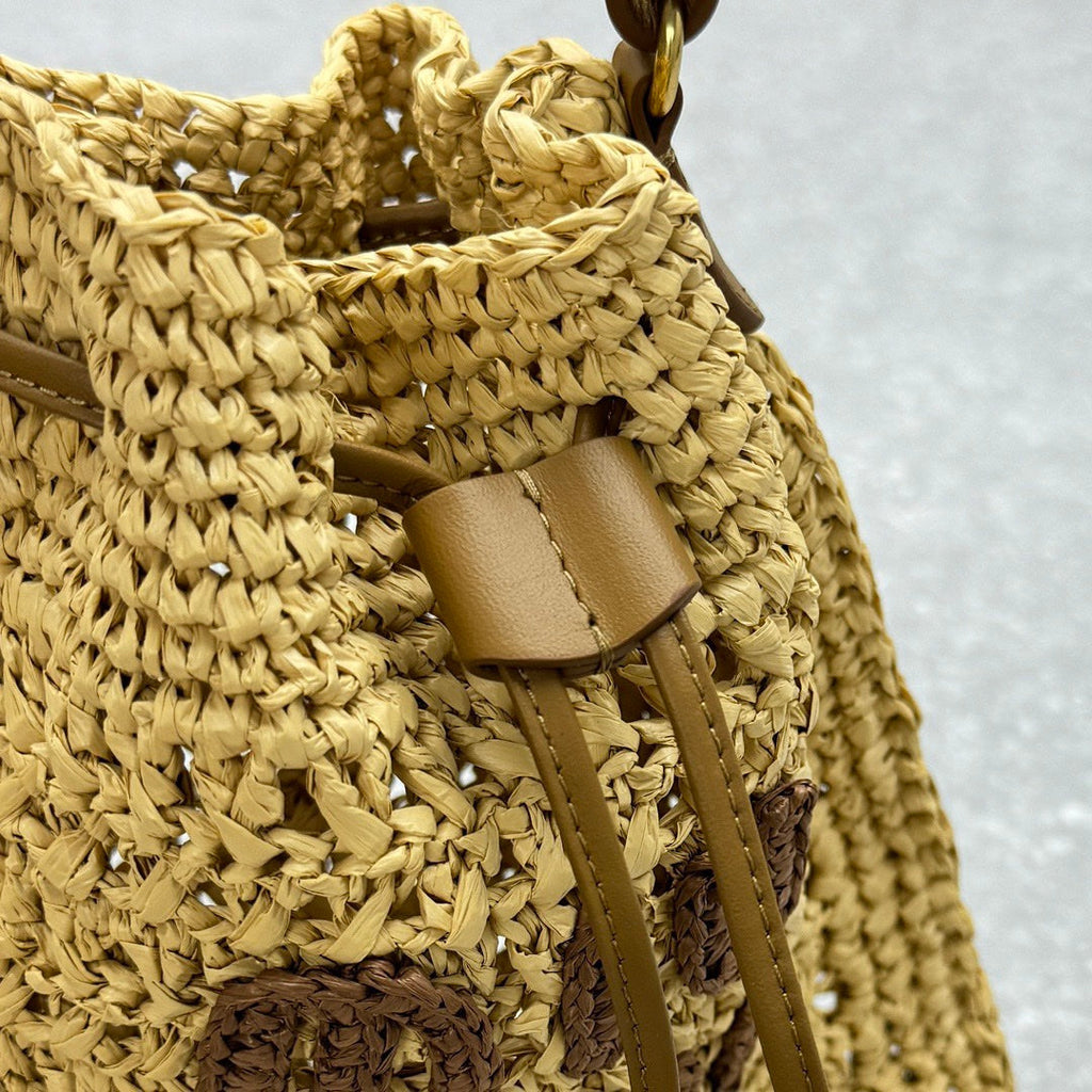 MIUMIU 26S DRAWSTRING TOTE BAG 20 IN BEIGE RAFFIA