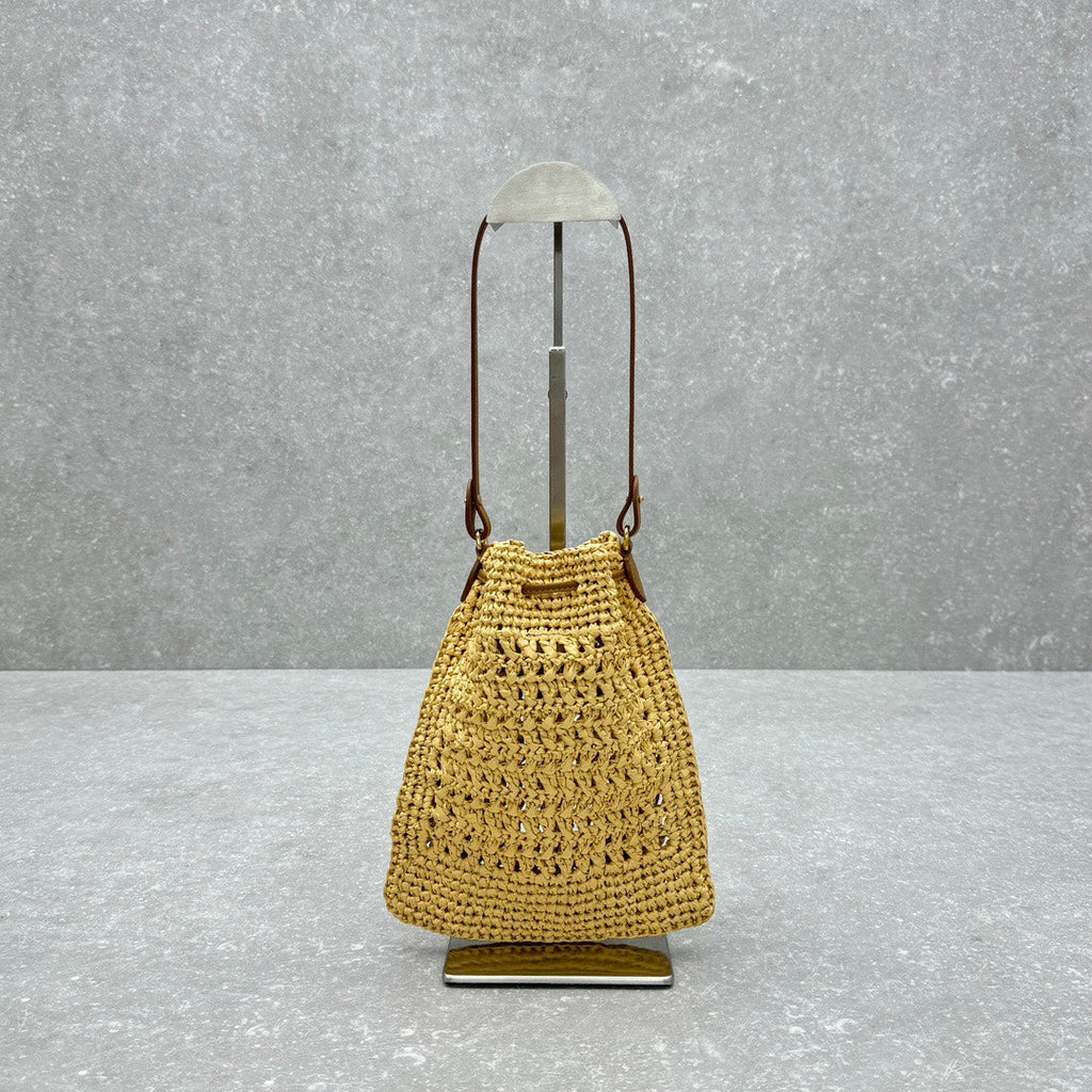 MIUMIU 26S DRAWSTRING TOTE BAG 20 IN BEIGE RAFFIA
