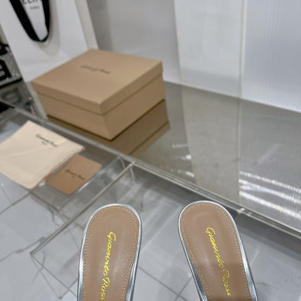 GIANVITO ROSSI 26S PADDED STRAP HIGH-HEEL MULES 105 MM IN SILVER LAMBSKIN