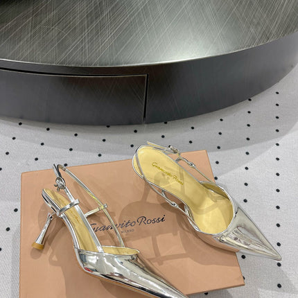 GIANVITO ROSSI 26S HEELED SLINGBACKS 85 MM IN SILVER PATENT CALFSKIN