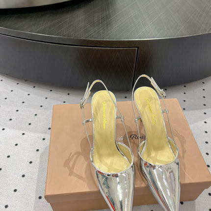 GIANVITO ROSSI 26S HEELED SLINGBACKS 85 MM IN SILVER PATENT CALFSKIN