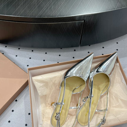 GIANVITO ROSSI 26S HEELED SLINGBACKS 85 MM IN SILVER PATENT CALFSKIN