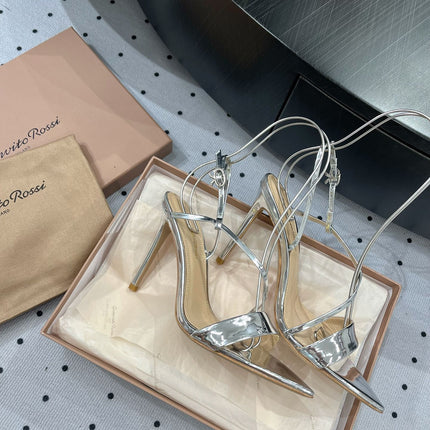 GIANVITO ROSSI 26S STRAPPY HIGH-HEEL SANDALS 110 MM IN SILVER CALFSKIN