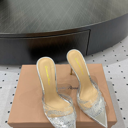 GIANVITO ROSSI 26S HIGH-HEEL SANDALS 110 MM IN SILVER RHINESTONE PVC