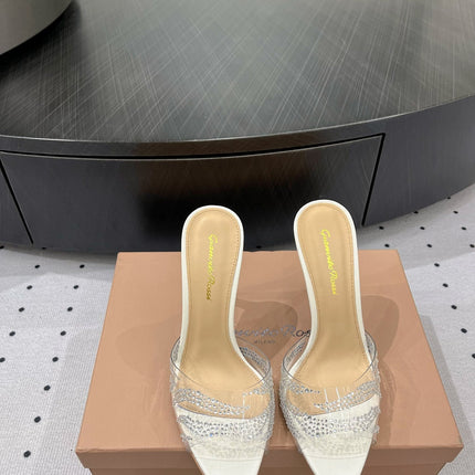 GIANVITO ROSSI 26S HIGH-HEEL SANDALS 110 MM IN CREAM WHITE RHINESTONE PVC