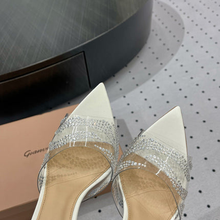 GIANVITO ROSSI 26S HIGH-HEEL SANDALS 110 MM IN CREAM WHITE RHINESTONE PVC