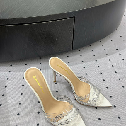 GIANVITO ROSSI 26S HIGH-HEEL SANDALS 110 MM IN CREAM WHITE RHINESTONE PVC