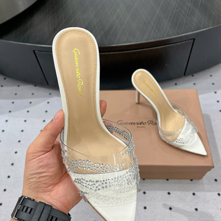 GIANVITO ROSSI 26S HIGH-HEEL SANDALS 110 MM IN CREAM WHITE RHINESTONE PVC