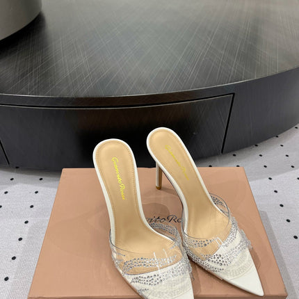 GIANVITO ROSSI 26S HIGH-HEEL SANDALS 110 MM IN CREAM WHITE RHINESTONE PVC