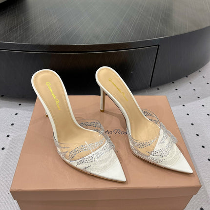 GIANVITO ROSSI 26S HIGH-HEEL SANDALS 110 MM IN CREAM WHITE RHINESTONE PVC