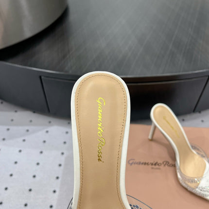 GIANVITO ROSSI 26S HIGH-HEEL SANDALS 110 MM IN CREAM WHITE RHINESTONE PVC