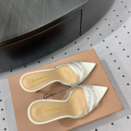 GIANVITO ROSSI 26S HIGH-HEEL SANDALS 110 MM IN CREAM WHITE RHINESTONE PVC