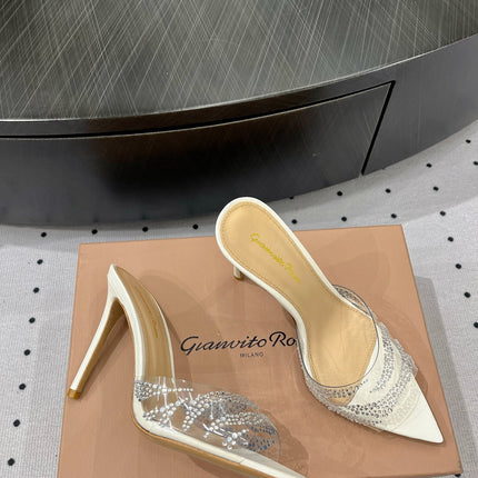 GIANVITO ROSSI 26S HIGH-HEEL SANDALS 110 MM IN CREAM WHITE RHINESTONE PVC