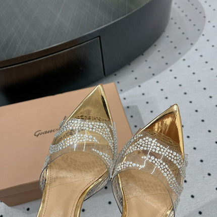 GIANVITO ROSSI 26S HIGH-HEEL SANDALS 110 MM IN GOLD RHINESTONE PVC