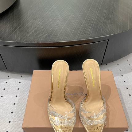 GIANVITO ROSSI 26S HIGH-HEEL SANDALS 110 MM IN GOLD RHINESTONE PVC
