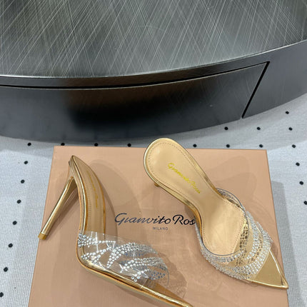 GIANVITO ROSSI 26S HIGH-HEEL SANDALS 110 MM IN GOLD RHINESTONE PVC