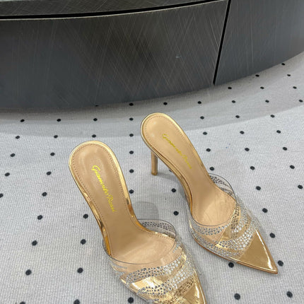 GIANVITO ROSSI 26S HIGH-HEEL SANDALS 110 MM IN GOLD RHINESTONE PVC