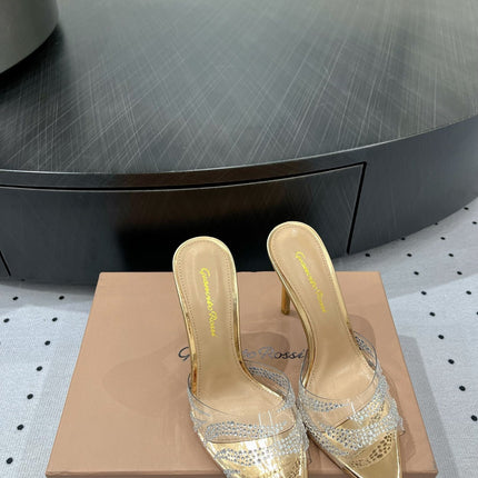 GIANVITO ROSSI 26S HIGH-HEEL SANDALS 110 MM IN GOLD RHINESTONE PVC