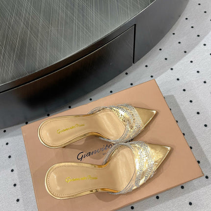 GIANVITO ROSSI 26S HIGH-HEEL SANDALS 110 MM IN GOLD RHINESTONE PVC