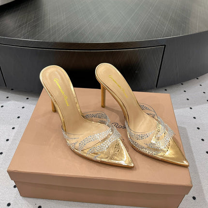 GIANVITO ROSSI 26S HIGH-HEEL SANDALS 110 MM IN GOLD RHINESTONE PVC