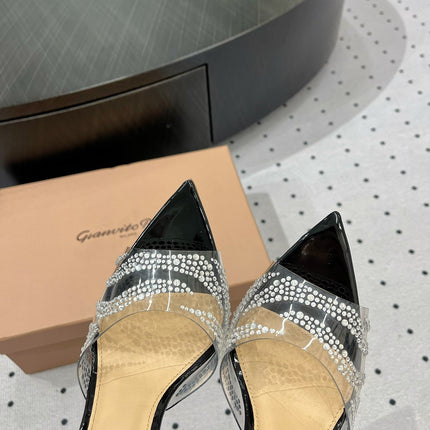 GIANVITO ROSSI 26S HIGH-HEEL SANDALS 110 MM IN BLACK RHINESTONE PVC