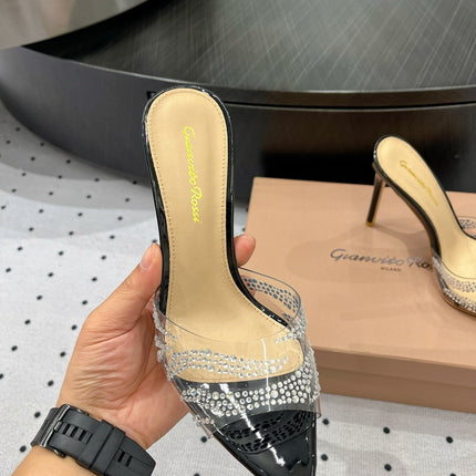 GIANVITO ROSSI 26S HIGH-HEEL SANDALS 110 MM IN BLACK RHINESTONE PVC