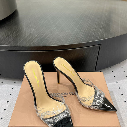 GIANVITO ROSSI 26S HIGH-HEEL SANDALS 110 MM IN BLACK RHINESTONE PVC