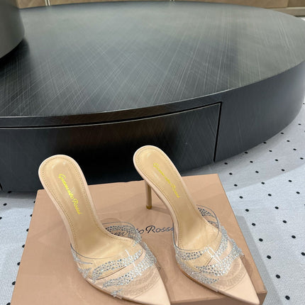GIANVITO ROSSI 26S HIGH-HEEL SANDALS 110 MM IN BEIGE RHINESTONE PVC