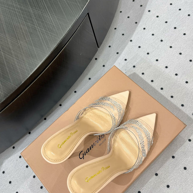 GIANVITO ROSSI 26S HIGH-HEEL SANDALS 110 MM IN BEIGE RHINESTONE PVC