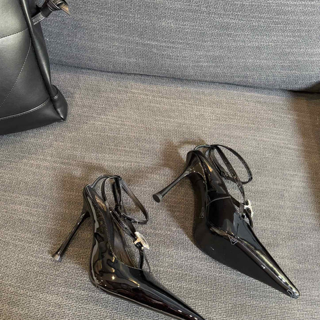 HIGH SANDAL ATTACHED GEM IN BLACK GLOSSY CALFSKIN