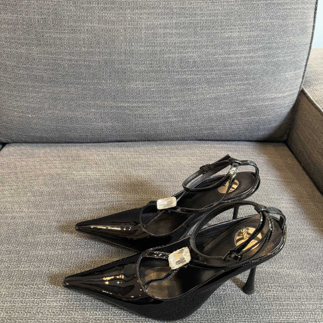 HIGH SANDAL ATTACHED GEM IN BLACK GLOSSY CALFSKIN